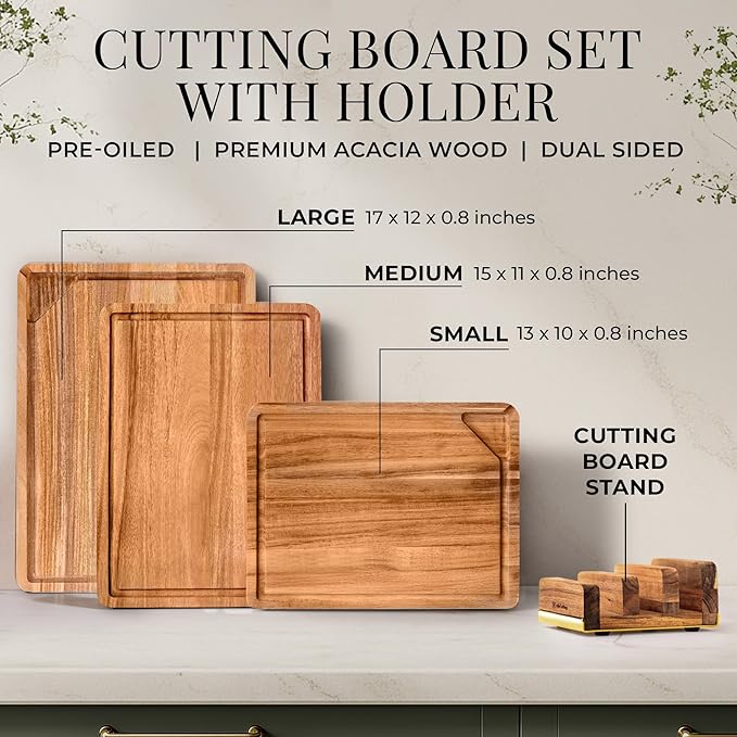 Wood Cutting Board Set with Holder – Double Sided Cutting Board with Handle (Gold) – 4 Piece Wooden Chopping Board Set with Stand – Reversible Charcuterie Tray for Stylish Kitchens