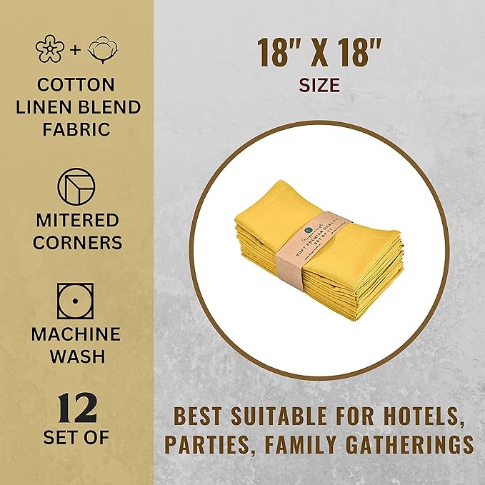 Fingercraft Cloth Napkins Set of 12, Cotton Linen Blend, Premium Quality, Mitered Corners for Every Day Use Christmas Napkins Cloth, Pre Shrunk and Good Absorbency 18x18 inch Gold