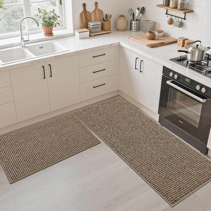 JSEI Kitchen Rugs and Mats, 2PCS Non-Slip Kitchen Mats for Floor, Machine Washable Absorbent and Stain Resistant Kitchen Runner, Carpet Mats with TPR Backing for, 24''x36''+24''x60'', Taupe