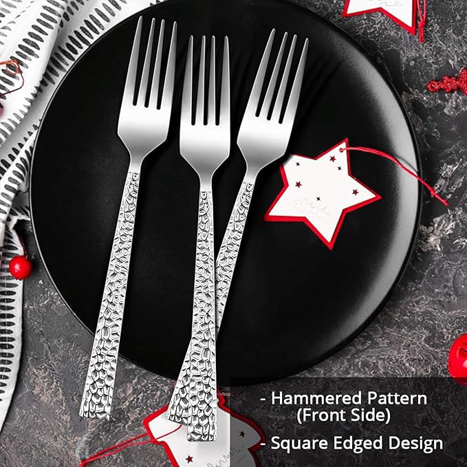 E-far 6-piece Hammered Dinner Forks Set, 7.9 Inch Stainless Steel Forks for Home, Kitchen or Restaurant, Non-toxic & Mirror Polished, Squared Edge & Dishwasher Safe