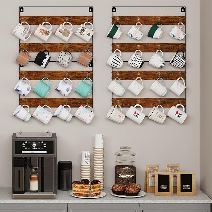 Wall Mount Coffee Mug Holder - Rustic Wood and Iron, Holds Up to 24 Mugs (3Pack) for Kitchen, Home, Coffee Bar