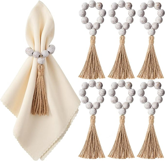 APTWOW Napkin Rings Set of 6, White Washed Wood Bead Napkins Rings, Wooden Napkins Rings for Table Decor, Farmhouse Napkin Rings for Boho Table Decor, Family Banquet, Wedding, Holiday Dinner Party