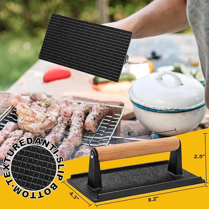 AIVIKI Burger Press, Smash Burger Press for Blackstone Griddle, Heavy Duty Cast Iron Rectangular 8.2x4.2In Bacon Grill Press with Wood Handle, Meat Steak Weight for Sandwich, Paninis (Rectangle)