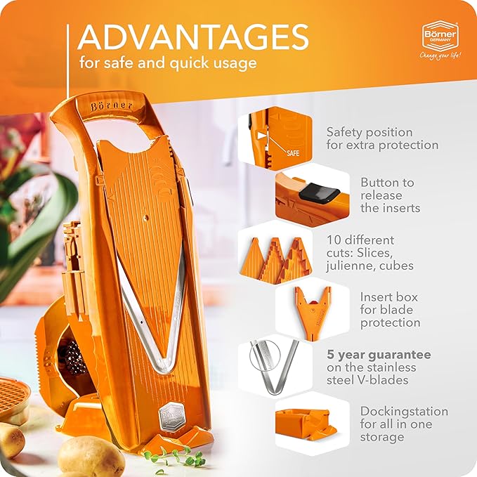 Mandoline Food Slicer Börner V5 (Profi Set) by Reston Lloyd • V-Slicer with 4 Inserts, Docking Station & Food Holder • Made in Germany • Fruit & Vegetable Chopper • Multiple Settings • Color: Orange