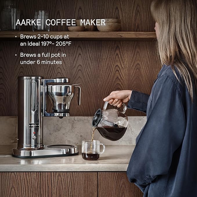 Aarke Coffee Maker - Electric 10 Cup / 42 fl oz Drip Brewer with Automatic Drip-Stop, Glass Carafe, Brews Full Pot in Under 6 Minutes, SCA Certified, Stainless Steel