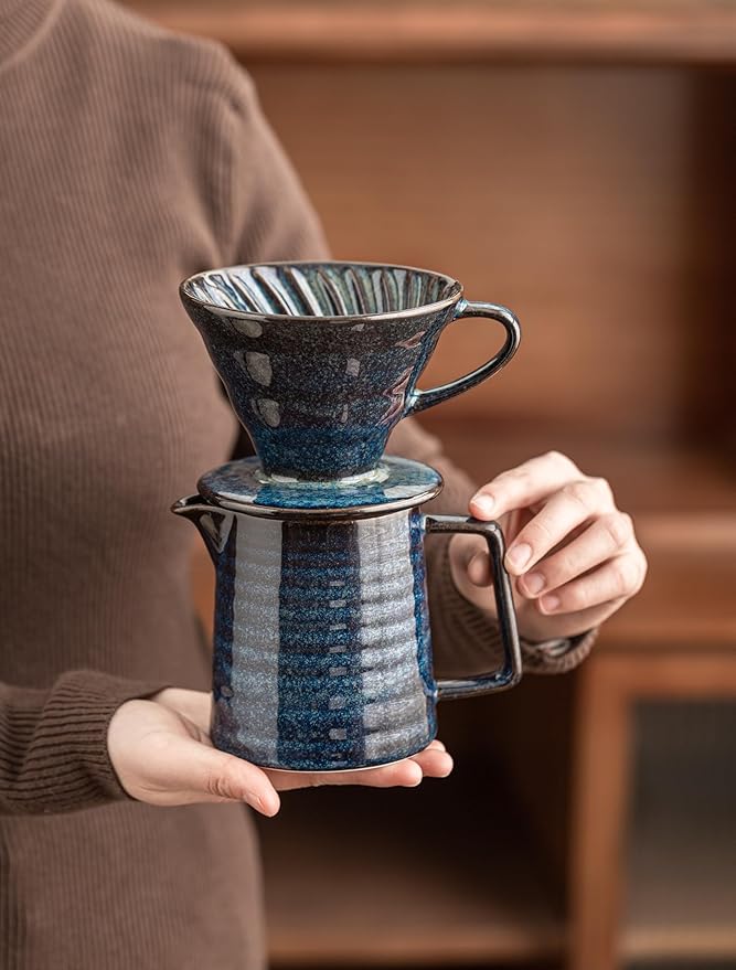 HYAXGM Pour Over Coffee Maker,Ceramic Coffee Maker With 40 pcs Paper Filter，15oz/450ml Pour Over Coffee Dripper (Starry Blue, V02)