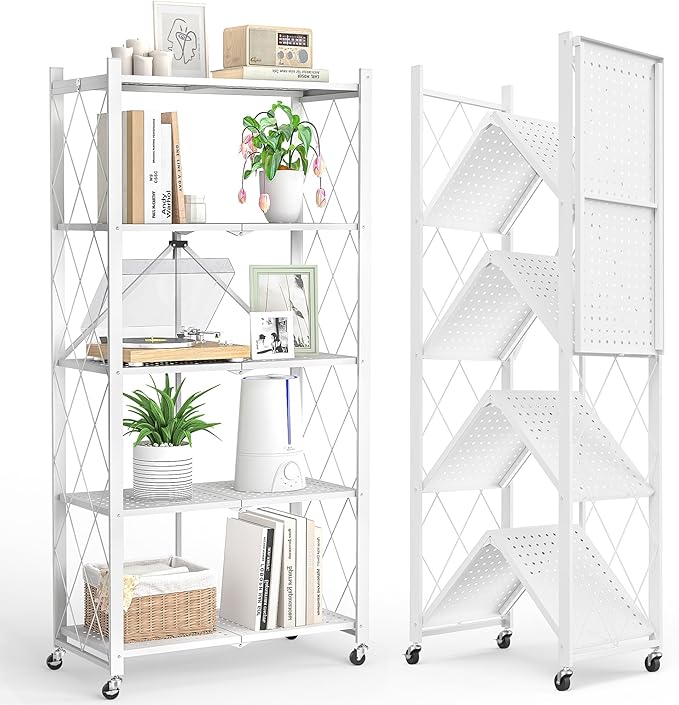5-Tier Folding Metal Storage Rack - 63" Heavy-Duty Steel Frame with Wheels, No Assembly Utility Organizer, Rolling Shelving Unit for Kitchen, Garage, Pantry, Bedroom (White, 5 Tier)
