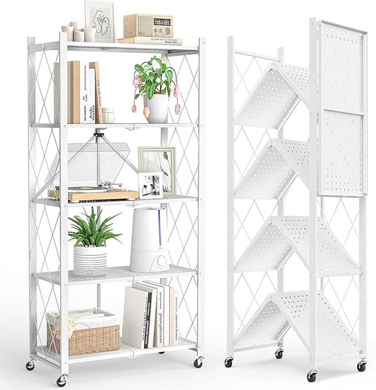 5-Tier Folding Metal Storage Rack - 63" Heavy-Duty Steel Frame with Wheels, No Assembly Utility Organizer, Rolling Shelving Unit for Kitchen, Garage, Pantry, Bedroom (White, 5 Tier)