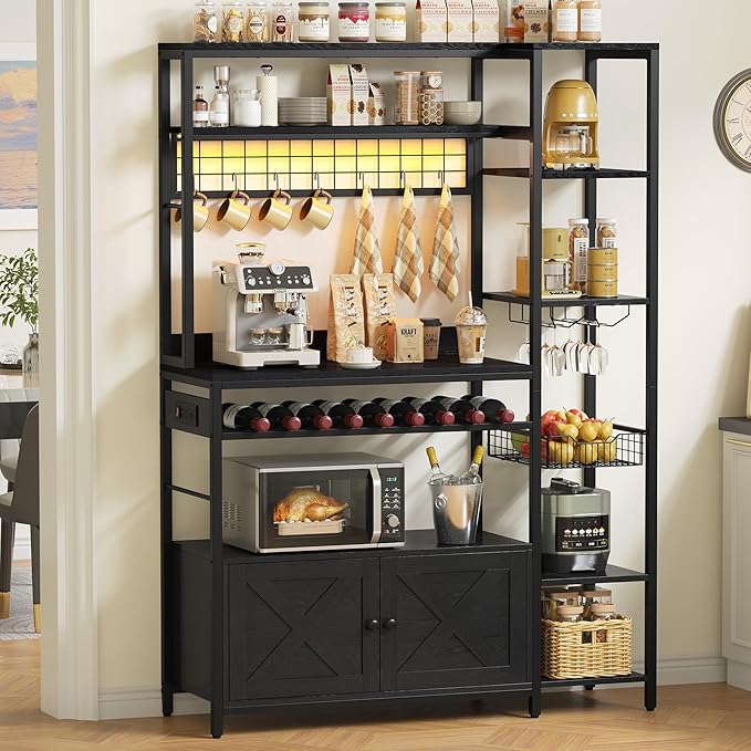 IRONCK Bakers Rack with Power Outlet, 47.24 Inch Coffee Bar Cabinet, Kitchen Microwave Stand with Storage, Kitchen Shelf with Shelves, LED Light, Globlet Holder and Wine Basket, Black