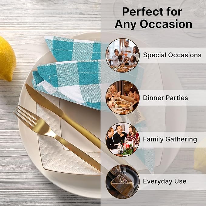 LFH Home 100% Cotton Cloth Reusable Dinner Napkins Set of 12 Washable Soft Decorative Buffalo Plaid Gingham and Checkered Table Napkins for Holidays Wedding Farmhouse Decor 18x18 Inch-Teal & White