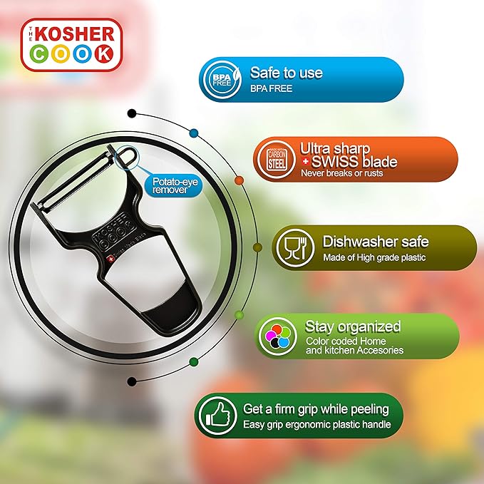 The Kosher Cook Y Vegetable Peeler - Heavy Duty, Ultra Sharp Stainless Steel Blade - Swiss Peeler - Ergonomic Plastic Handle - Color Coded Kitchen Tools - Black