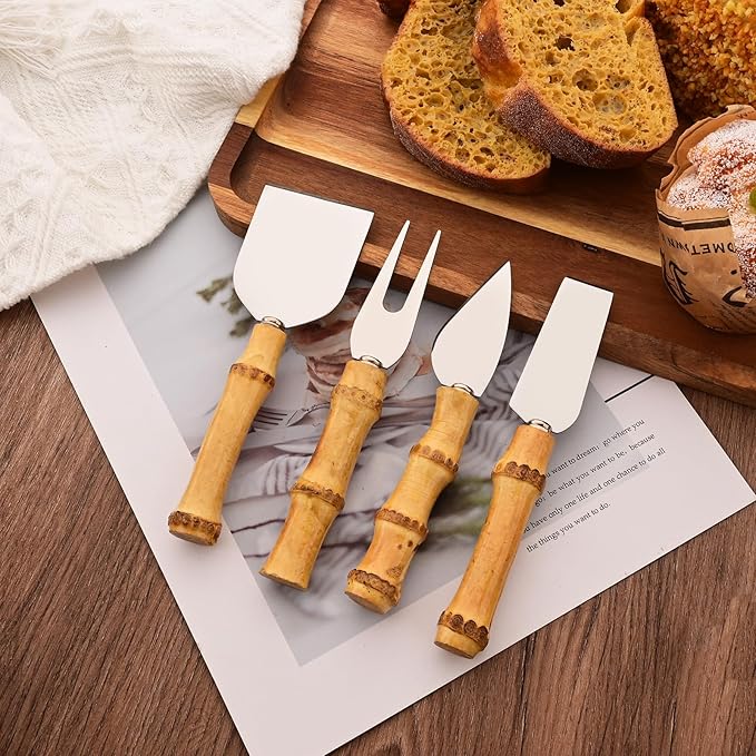 Bamboo Cheese Knife Set, 8-Piece Steel Stainless Cheese knife Set with Bamboo Handle, Mini Cheese Cutter, Cheese Fork, Cheese Slicer, Spreader, For Party, Travel and Kitchen