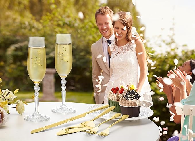 Wedding Cake Knife and Server Set with Forks, Classical Style Crystal Champagne Flutes Toasting Glasses for Bride and Groom, Wedding Gifts for Couples, Engagement and Bridal Shower Gifts
