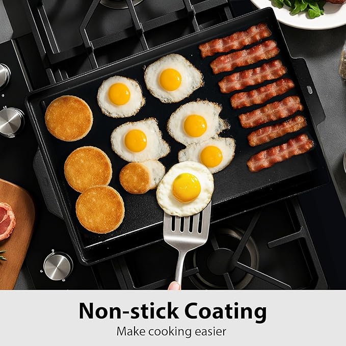Utheer 25" x 16" Cast Iron Griddle for Gas Grill and Stove Top, Universal Flat Top Griddle with Pre-Seasoned Nonstick Coating, X-Shaped Reinforced Ridges, Perfect for Healthy Cooking, Parties, Camping