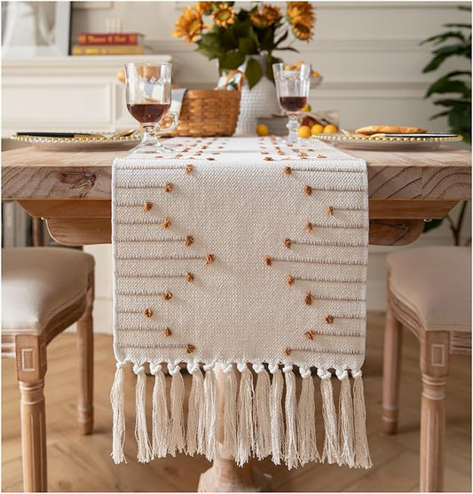 Boho Table Runner 13 x 108 Inch Long Natural Cotton Woven Runner with Tassels for Home Dining Table décor, for Modern Farmhouse Decor Coffee Table Runner, Brown and Beige