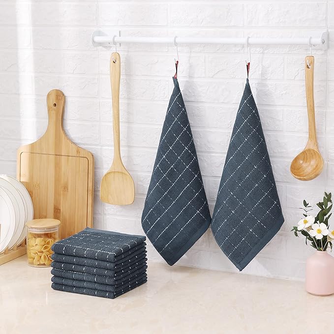 Mordimy 100% Cotton Terrycloth Kitchen Towels and Dishcloths Sets, Soft and Absorbent Checkered Dish Towels, Quick Drying Dish Rags for Washing Dishes, 4 Pack 16" x 26" & 4 Pack 12" x 12", Grey