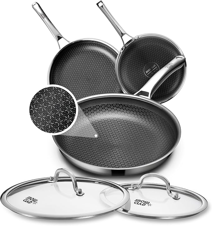 OATOFP Non Stick Frying Pans Set with 2 Lid, Hybrid Skillet Set Nonstick (8+10+12inch), Pans for cooking, PFOA Free Stainless Steel Kitchen set, Dishwasher and Oven-Safe Cookware Sets