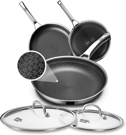 OATOFP Non Stick Frying Pans Set with 2 Lid, Hybrid Skillet Set Nonstick (8+10+12inch), Pans for cooking, PFOA Free Stainless Steel Kitchen set, Dishwasher and Oven-Safe Cookware Sets