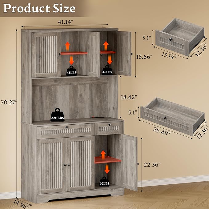 Pantry Cabinet with Charging Station and Light, Tall Kitchen Pantry Storage Cabinet with Microwave Stand, Wide Fluted Kitchen Hutch with Storage Drawers and Adjustable Shelves for Dining Room