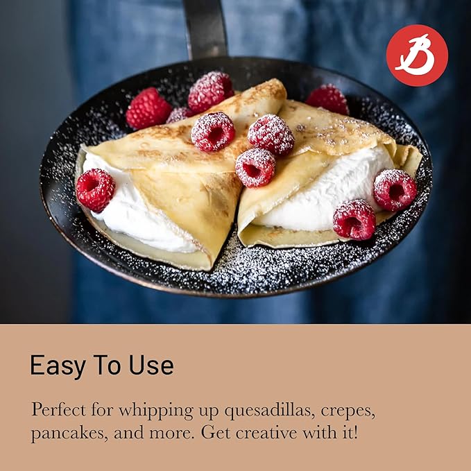 de Buyer Blue Carbon Steel Crepe & Tortilla Pan - 9.5” Diameter, 7.5” Cooking Surface - Ideal for Making & Reheating Crepes, Tortillas & Pancakes - Naturally Non-Stick Finish - Made in France