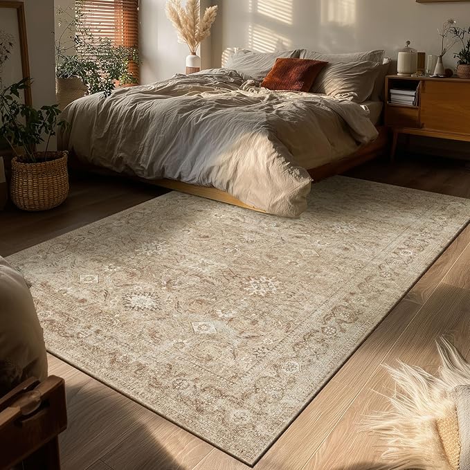 Washable Boho Area Rug for Bedroom: 4'x6' Rug Stain Resistant Tribal Distressed Vintage Accent Rug Non Slip Low Pile Soft Area Rug for Entryway Living Room Bedside Kitchen Office Dorm Entrance