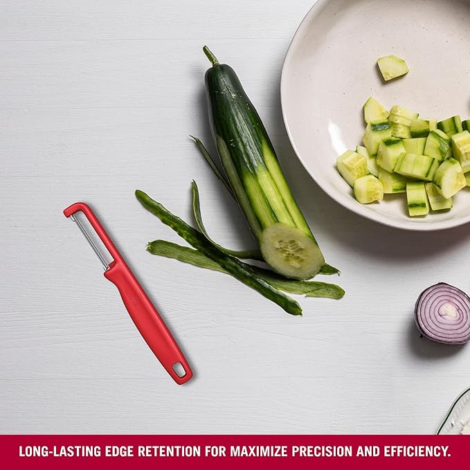 Victorinox Iota Peeler for Vegetables, Fruits, Serrated Edge, Extra Sharp, Swiss Made, Red