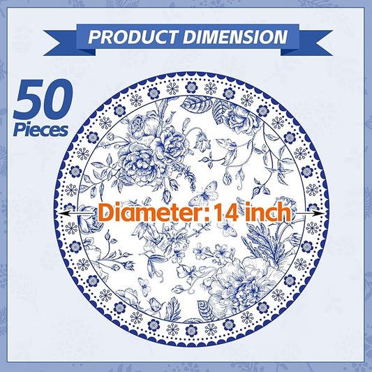 50 Pcs 14 Inch Blue Floral Paper Place Mats Chinoiserie Round Placemats Flower Disposable Decorative Table Mats for Dinner Table Setting Banquet Party Supplies