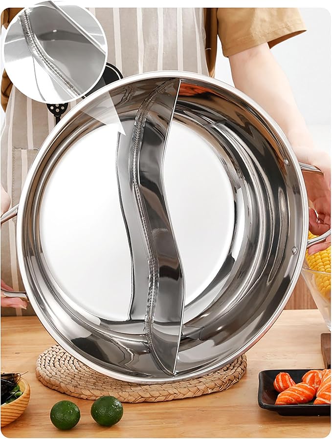 Nonstick Frying Pan Double Flavor Hot Pot Stainless Steel Shabu Hot Pot for Electric Induction Cooktop Gas Stove Kitchen Everything Pot with Glass Lid Stove Pot Uncoated Cookware,38CM