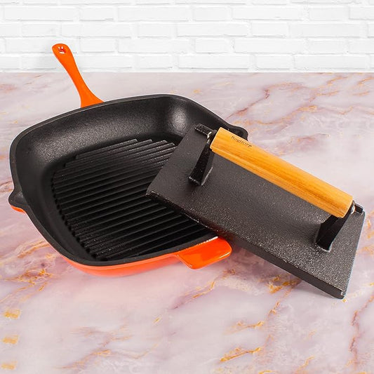 Berghoff Neo 2Pc Enameled Cast Iron Grill Set, Grill Pan 11 inches, Bacon/Steak Press 8 inches, Fast, Evenly Heat, Oven safe (Orange)