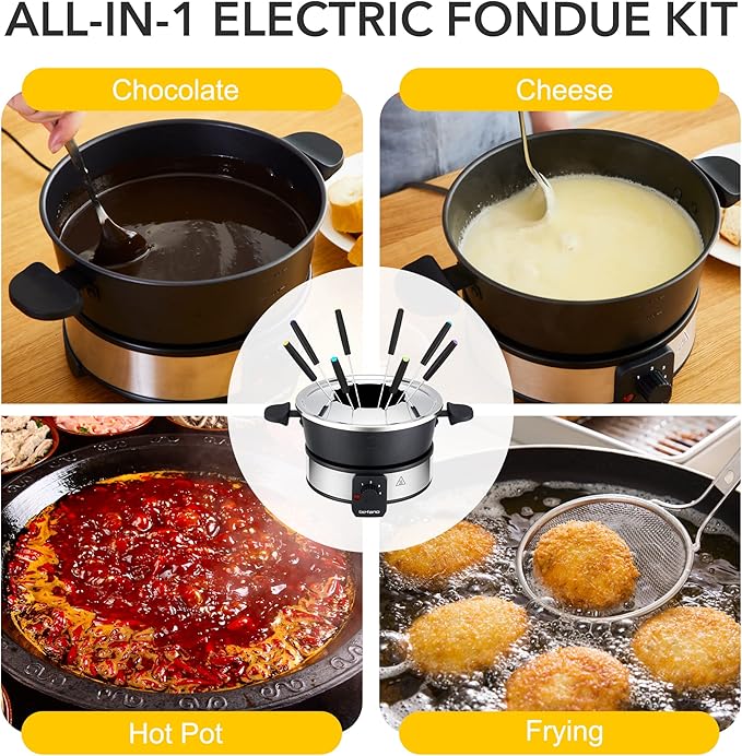 Stainless Steel Fondue Pot with Temperature Control, Forks, Cups, and Rack, 2-Quart, Non-Stick, Perfect for Chocolate, Cheese, Caramel, Marshmallows, Great for Valentine's Day
