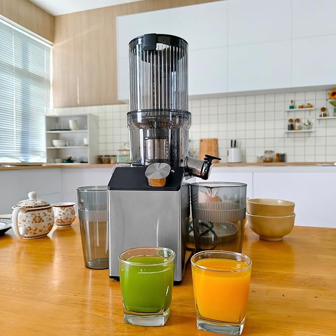 WHUTO Cold Press Juicer, Wide Feed Chute Juicer Machines, Stainless Steel Slow Masticating Juicers Easy to Clean, Vegetables & Fruits Juice Extractor, High Juice Yield, Gray Knob