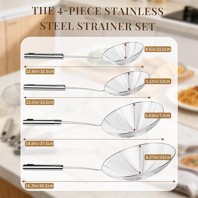 Spider Strainer Fine Mesh & Skimmer Spoon 4-Piece Set, Stainless Steel Pasta Ladle with Long Handle for Frying, Cooking and Carnitas (4.7”+5.5”+7.1”+8.7”)