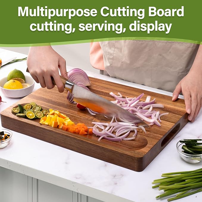 Acacia Wood Cutting Board for Kitchen, 1.5” Thick Chopping Board with Juice Groove, Sorting Compartment Charcuterie Board, 16x12x1.5 Inch Butcher Block