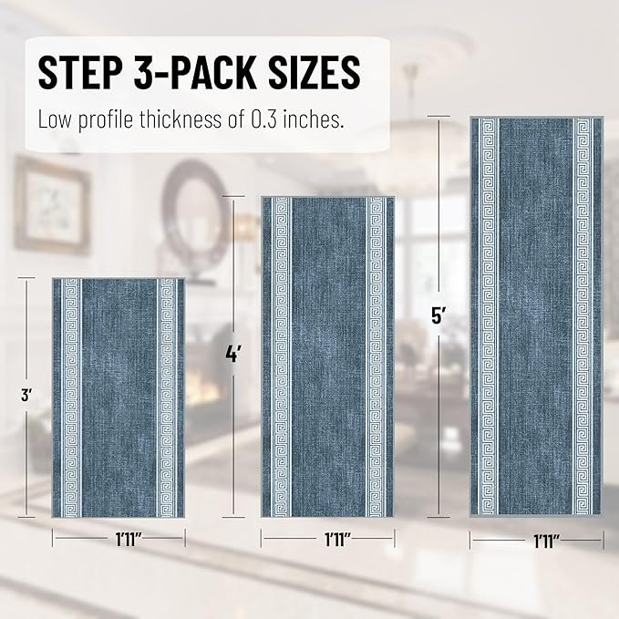 Ottomanson 3-Piece Kitchen Rug Set - Non Slip Runner & Washable Mat - 1'11" x 3' + 1'11" x 4' + 1'11"' x 5' - Durable, Stain Resistant for Entryway, Bedroom and Bathroom, Greek Border Greyish Blue