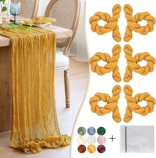 Mustard Yellow Cheesecloth Table Runner 6 Pack 35" Boho Gauze Runner 120 inches Long Table Runner Rustic Sheer Fabric Bulk for Baby Shower Wedding Bridal Birthday Party Table Decorations