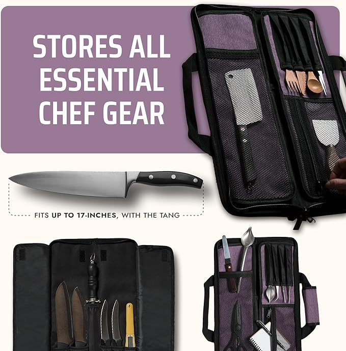 Asaya Chef Knife Roll Bag - 12 Pockets for Knives and Kitchen Utensils - Lightweight, Durable, and Stain Resistant Nylon - Perfect for the Traveling Chef - Knives not Included (Purple)