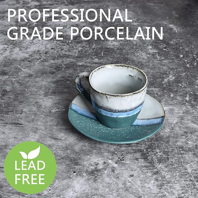 Bosmarlin Stoneware Coffee Cup Mug with Saucer Set of 2 for Latte, Cappuccino, Tea, Oz, Dishwasher and Microwave Safe (Green, 2)