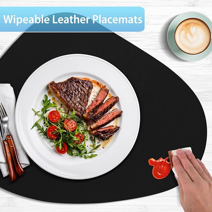 Placemats Set of 12 - Washable Faux Leather Heat Resistant Table Mats, Wipeable Placemats for Kitchen Dining Indoor Outdoor & Fall Thanksgiving Decor, Black