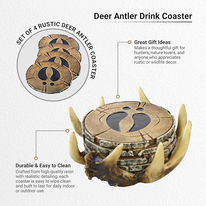 Pine Ridge Deer Antler Drink Coaster Set of 4 Old West Decor - Home Table Beverage Coaster with Holder - Drink Glass Holder with Outdoors Rustic Cabin Theme