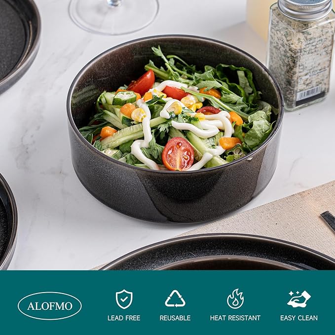 Stoneware Dinnerware Sets, Plates and Bowls Set for 4, 12-Piece Modern Stoneware Dinnerware – Chip Resistant, Non-Toxic, Dishwasher and Microwave Safe Tableware，Glossy Black