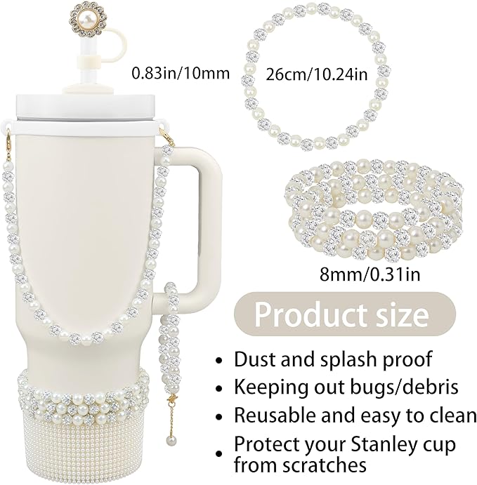 Cup Accessories for Stanley 30/40oz Tumbler containing Pearl Straw Cover Topper, Silicone Cup Boot, Water Bottle Handle Strap& Pearl Bracelets Charms(Pearls with Silver Beads)