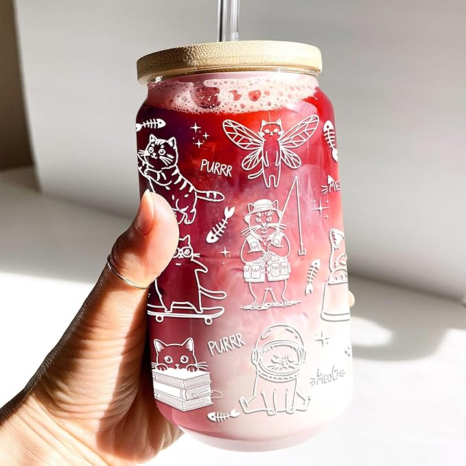 Funny Cat Glass Cups with Lids and Straws for Cat Lover Women Girl Cool Cats Lovers Iced Coffee Cup Cute Decor Stuff Accessories Christmas Birthday Valentine Gift for Mom Daughter Bestie 16 Oz
