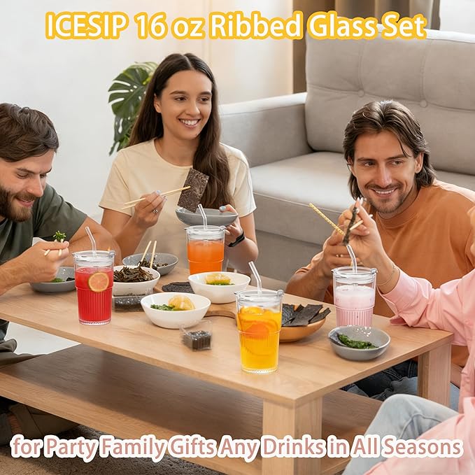 Ribbed 16oz Glass Cups with Lids and Straws Ribbed Drinking Glasses Cup Leak Proof Iced Coffee Glass Tumbler Set of 2 for Soda Smoothie Juice