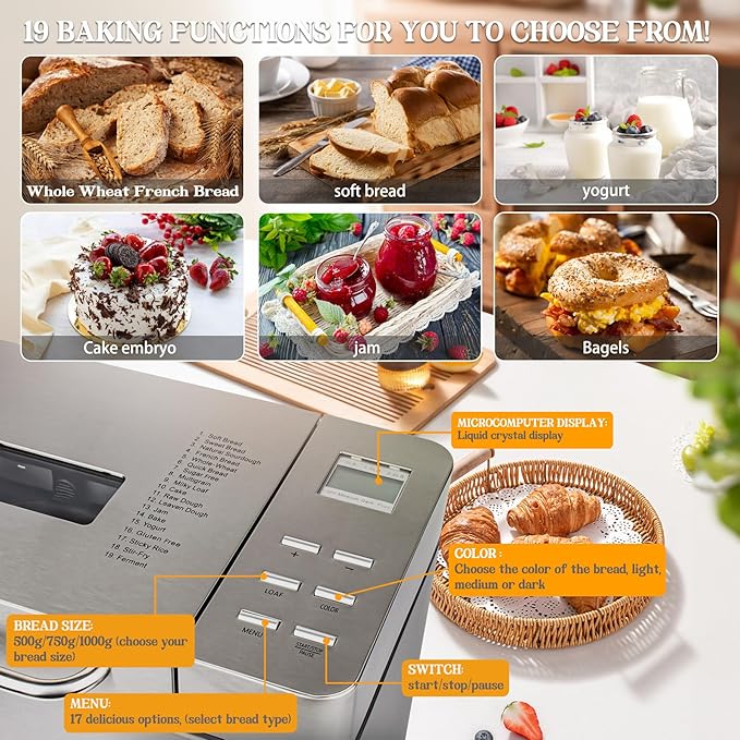 2.2LB Large Automatic Bread Machine, Professional Bread Maker with Nonstick Ceramic Pan and, 17 Smart Cooking Programs, 15 Hours Timer and 3 Loaf Sizes for Breakfast, Picnic
