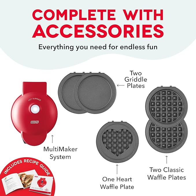 Dash MultiMaker® Mini System - Compact Waffle Maker for Family Breakfasts - Removable Griddle Plates & nonstick surface - 5 Plates - Red
