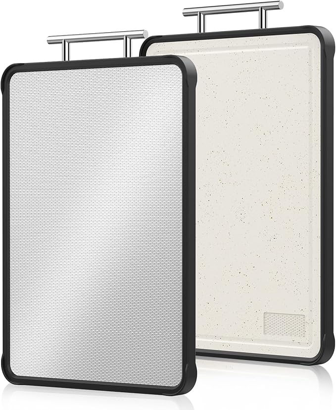 Dishwasher Safe 316 Stainless Steel Cutting Board for kitchen, Double-Sided Pure 316/Wheat Straw PP, Scratch-Resistant Chopping Board with Juice Groove&Grinding Area, Easy to Clean Large Size 16"*11"