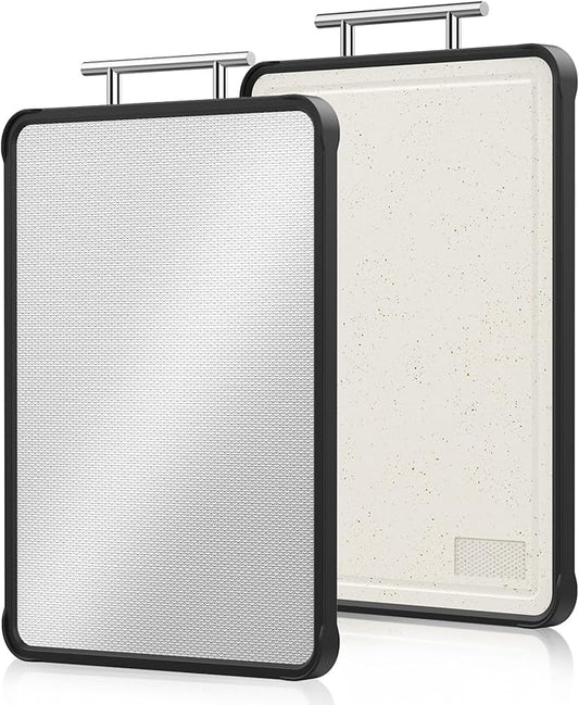 Dishwasher Safe 316 Stainless Steel Cutting Board for kitchen, Double-Sided Pure 316/Wheat Straw PP, Scratch-Resistant Chopping Board with Juice Groove&Grinding Area, Easy to Clean Large Size 16"*11"