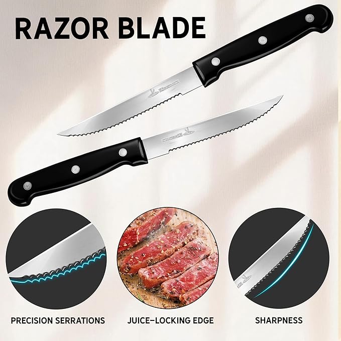 Upgraded Steak Knives Set of 12, Uncoated Stainless Steel Serrated Steak Knife Set, 4.5 Inch Steak Knife with Ergonomic Handle and Sharp Blades, Dishwasher Safe Dinner Knives for Kitchen, Restaurant