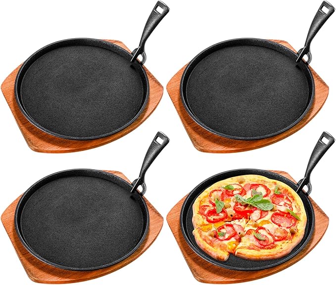 Mimorou 4 Sets Cast Iron Fajita Plate Set 9.84'' Steak Plate Sizzling Pan with Wooden Base and Gripper for Home Restaurant Kitchen Catering Cooking for Grilling Meats Seafood