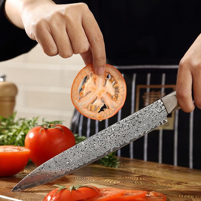 zayiko Carving Knife, 8.3-inch Blade Damascus Chef Knife made of 67 Layers Damascus Steel with VG10 Core, Sharp Kitchen Knives with Black Walnut Wood Handle, Boning Knife for Meat Cutting in Gift Box